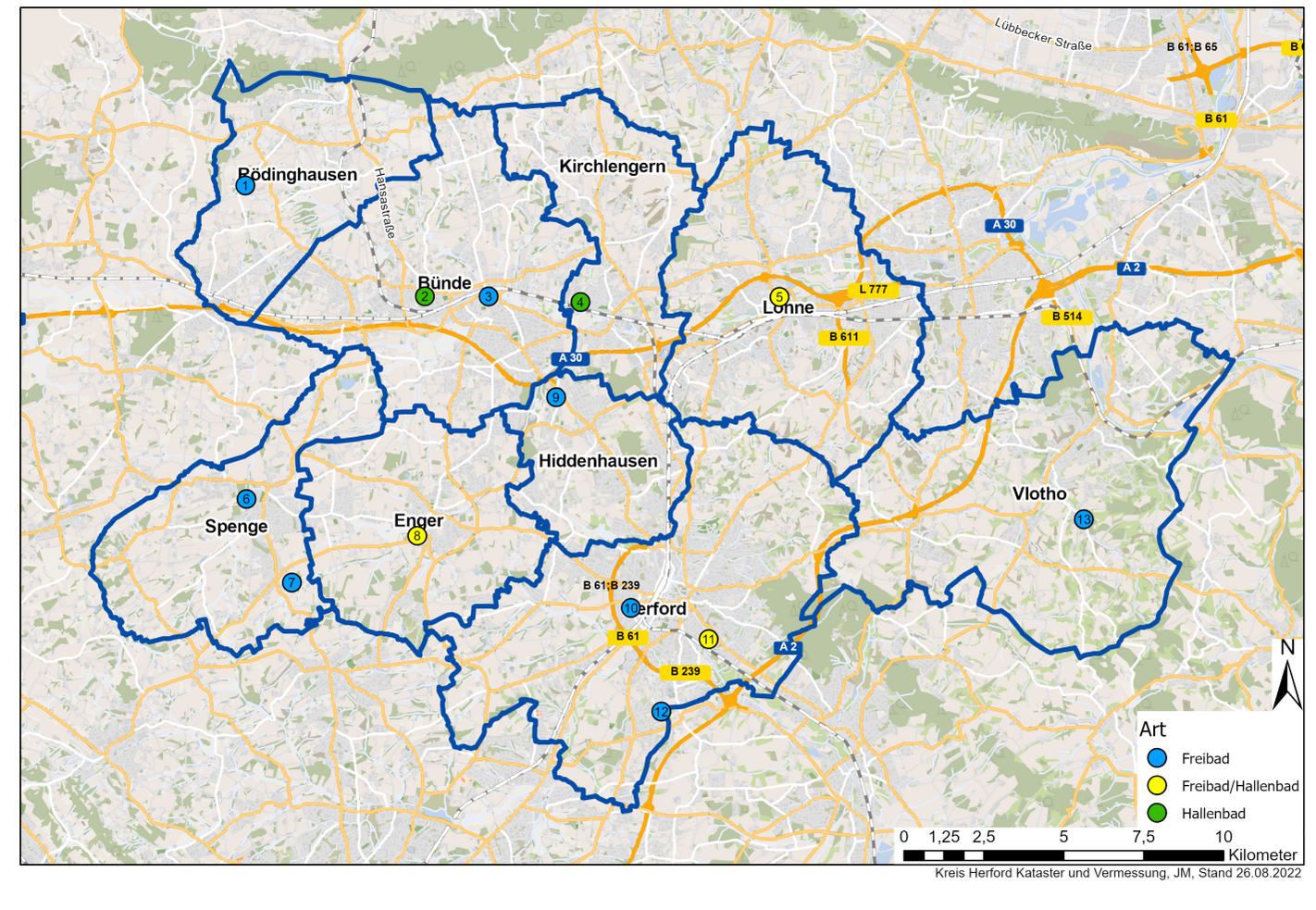 Schwimmbäder im Kreis Herford auf einer Landkarte dargestellt